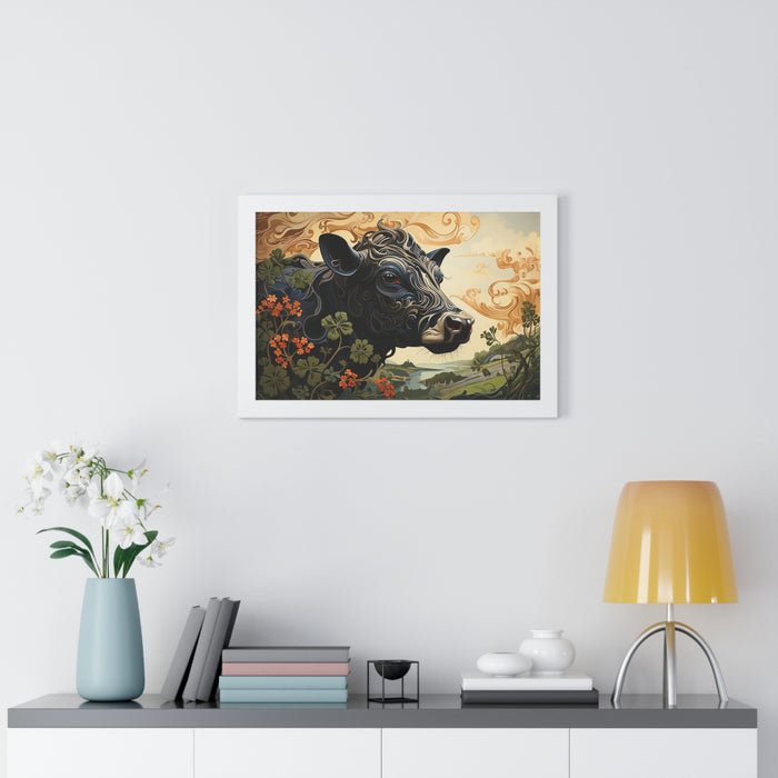 Surreal Jersey cow strikes a pose - Framed Horizontal Poster of surreal cow head
