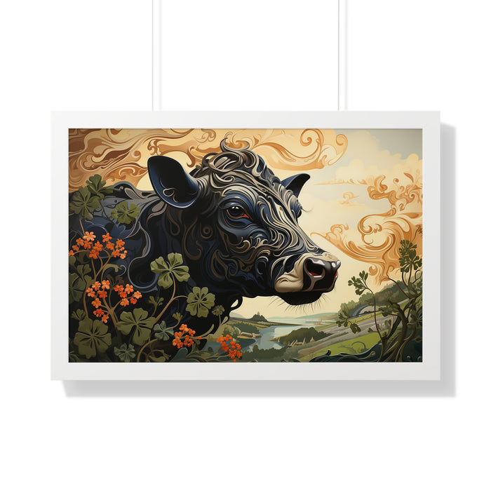Surreal Jersey cow strikes a pose - Framed Horizontal Poster of surreal cow head