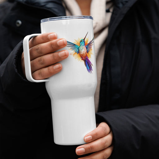 Travel mug with a handle - prismatic hummingbird - Vermont Country Digital