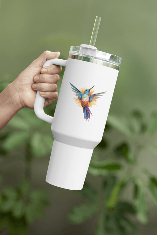 Travel mug with a handle - prismatic hummingbird - Vermont Country Digital