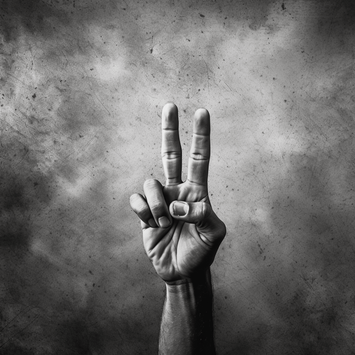 Hand raised with peace symbol - Black and white digital image of hand for download