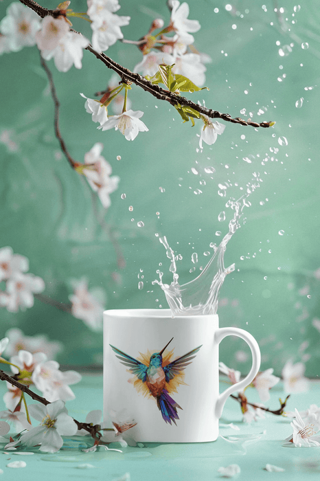 White glossy mug with colorful prismatic hummingbird - Vermont Country Digital