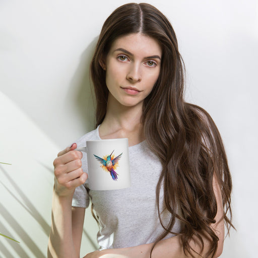 White glossy mug with colorful prismatic hummingbird - Vermont Country Digital