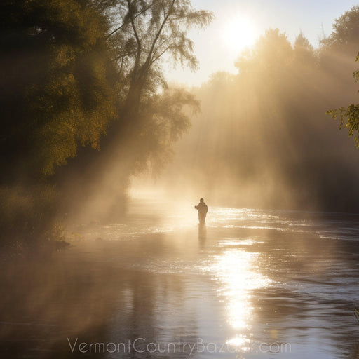 Fly fisherman - Single Image Digital Download of dawn fly fishing in a serene river. - Vermont Country Digital