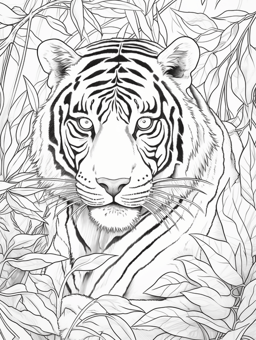 Tiger - Bengal Tiger in jungle setting. Stencil for coloring or tattoo. Png, SVG, JPG tiger images for download. - Vermont Country Digital